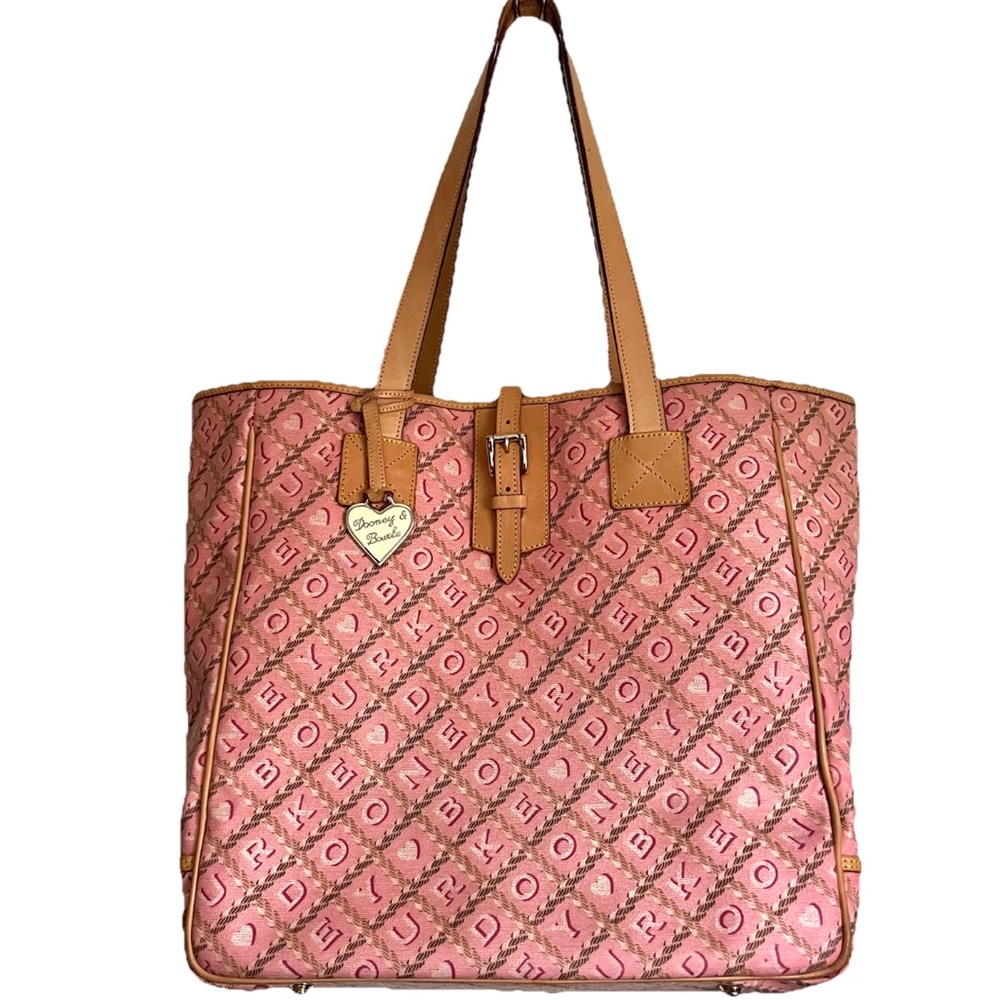 Vtg Dooney And Bourke XL Large Pink Signature Monogram Heart Leather Tote Bag